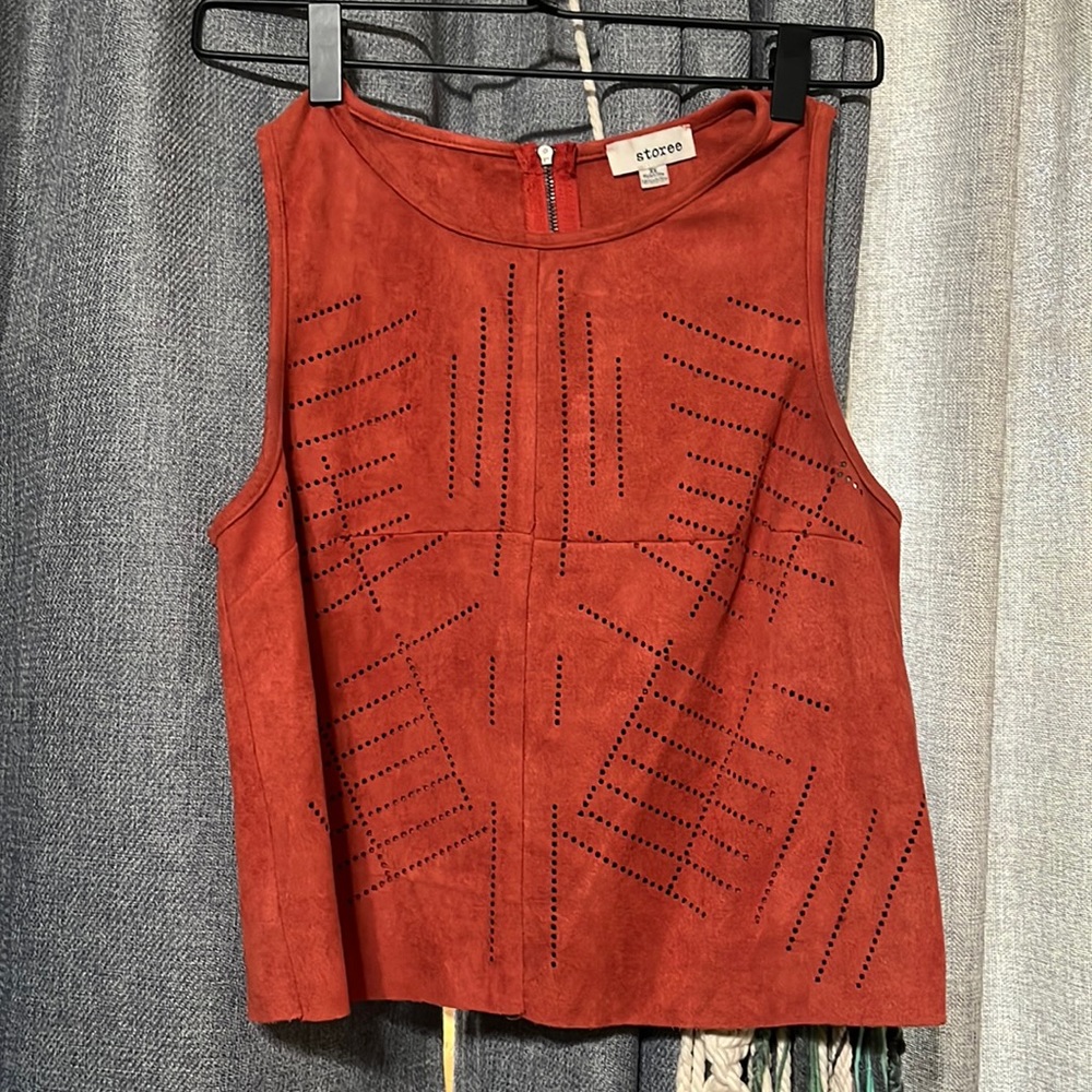 Red suede top with laser cut detail